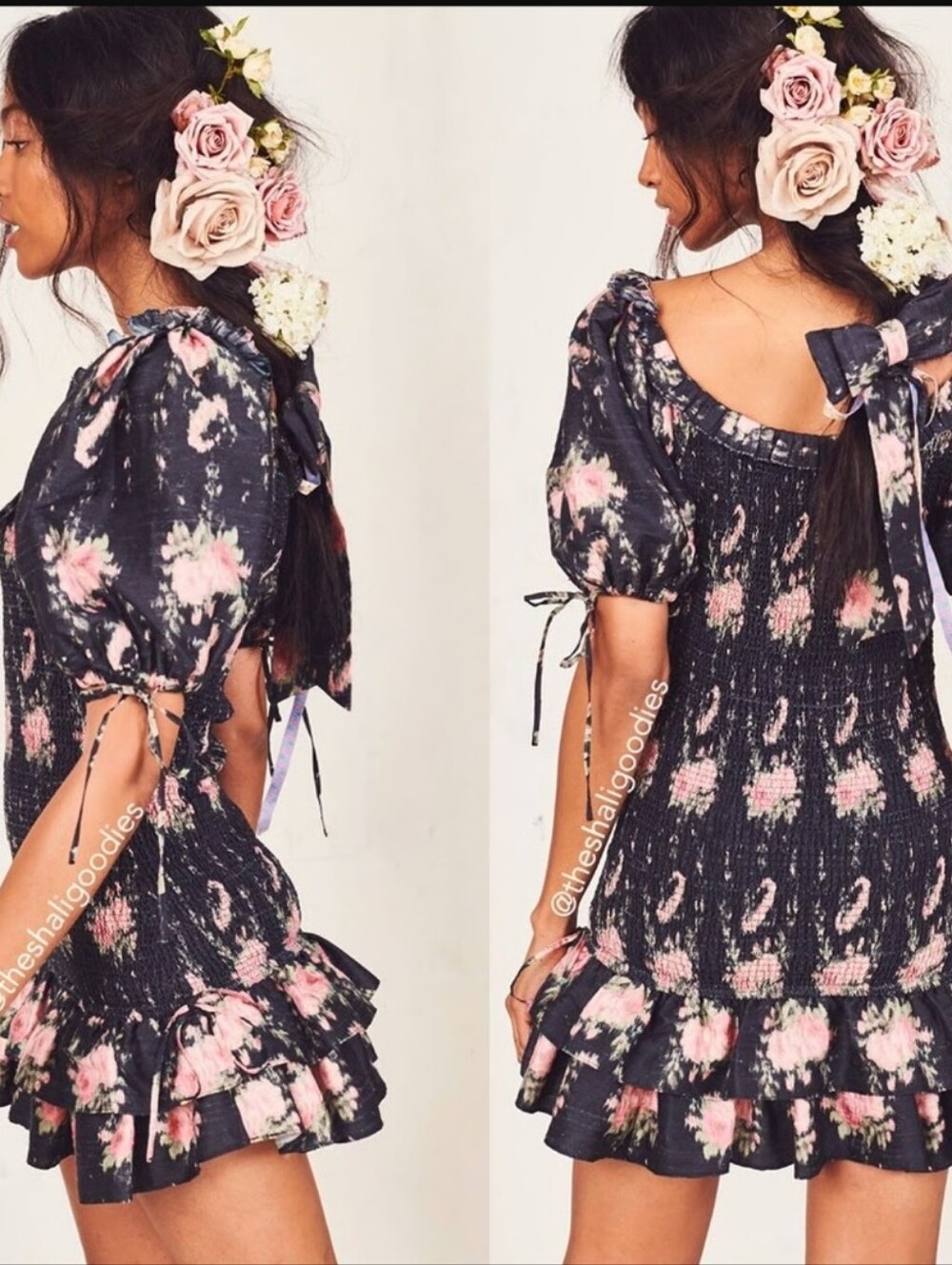 LoveShackFancy Women's Black Floral Smocked 100% Silk Boho Mini Dress Sz L - Picture 3 of 13